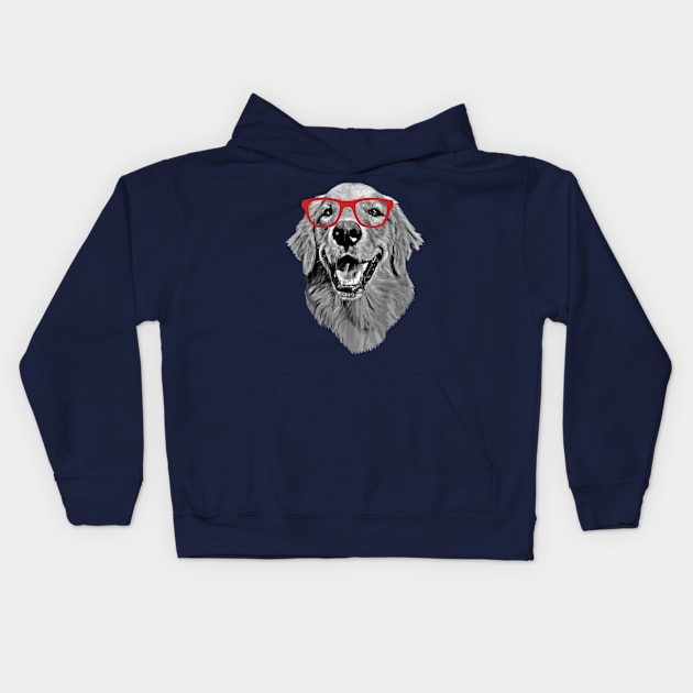 Golden Retriever Smiling Smart Nerd Red Glasses Kids Hoodie by deelirius8